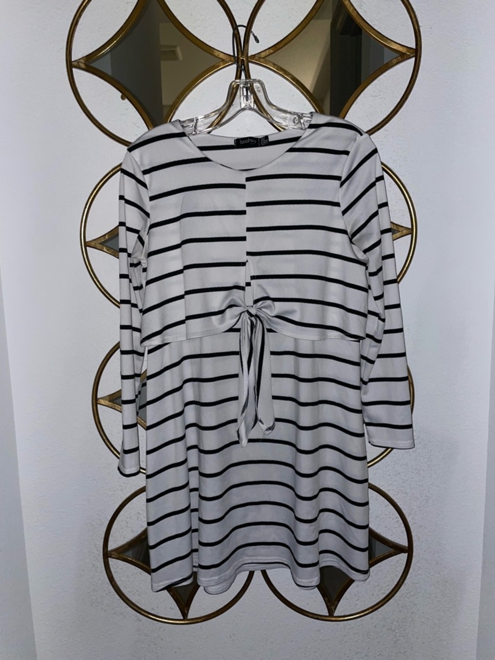 Boohoo Black and White Striped Maternity/Nursing Top with Crew Neck